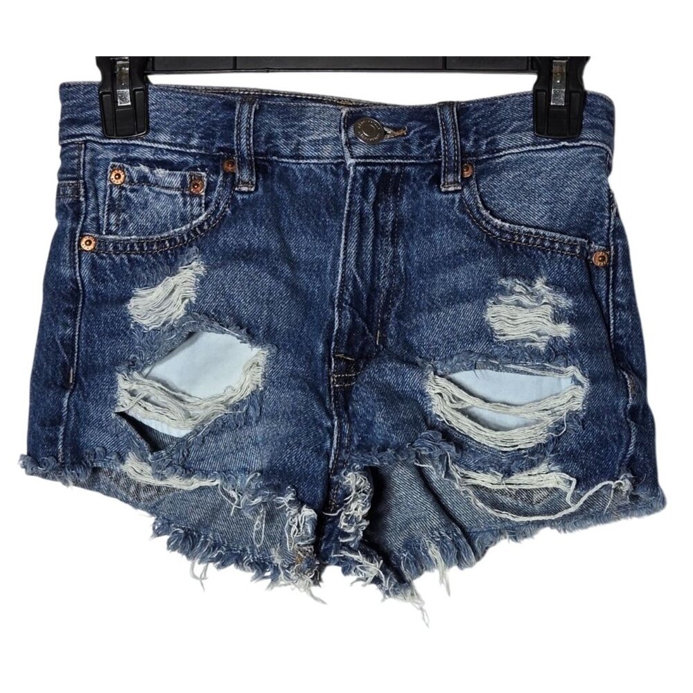 Aeropostale Vintage High Rise Shorty Denim Blue Jean Shorts 000 Reg Destroyed